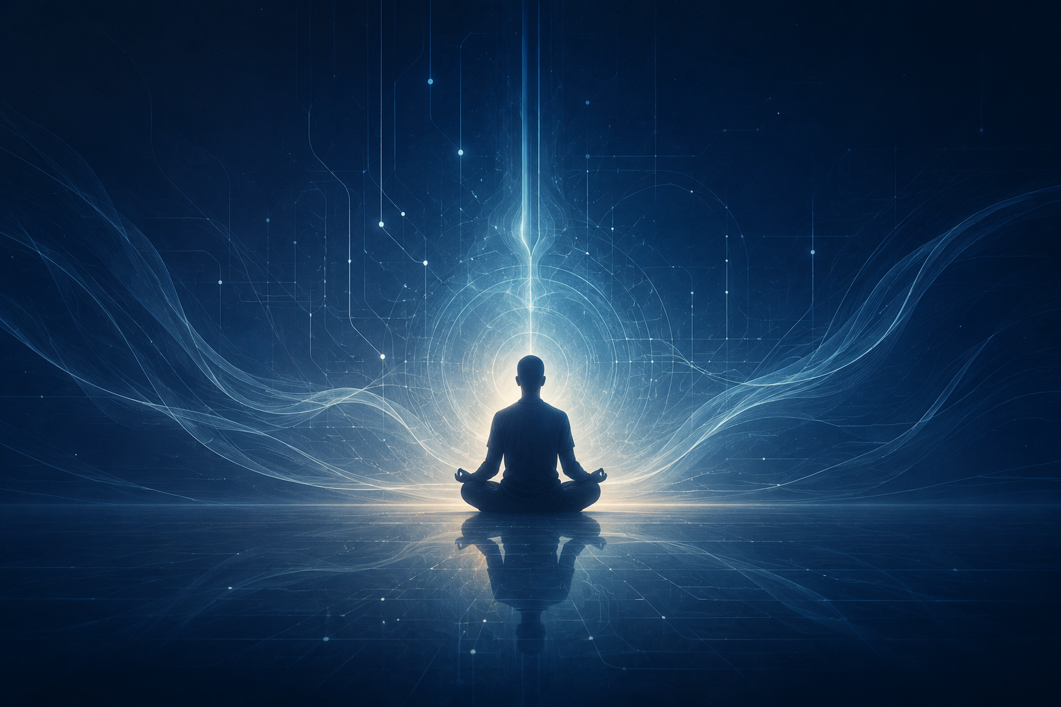 Ethereal meditation and digital light visualization representing creativity and technology