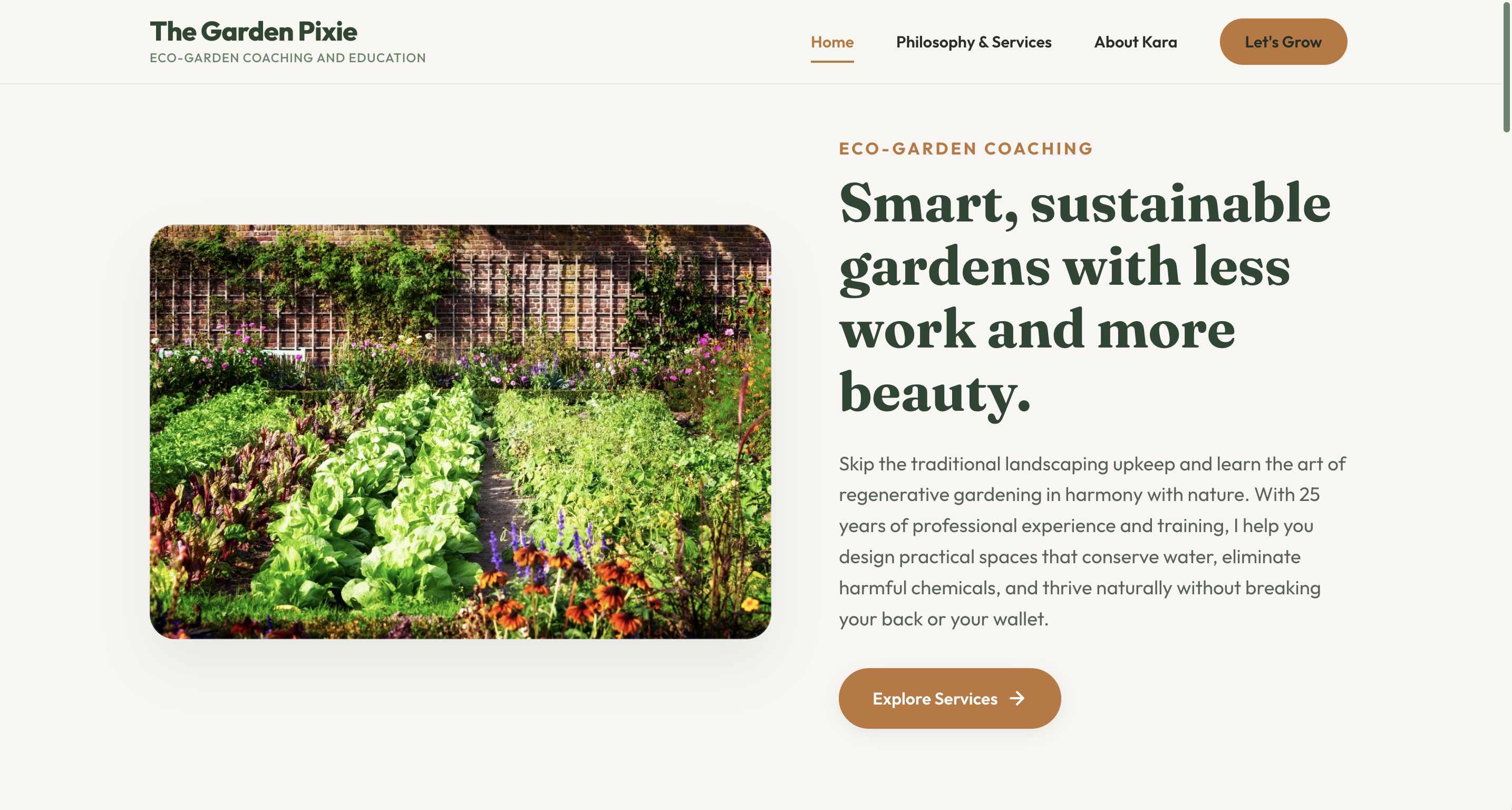 Screenshot of The Garden Pixie eco-garden coaching landing page