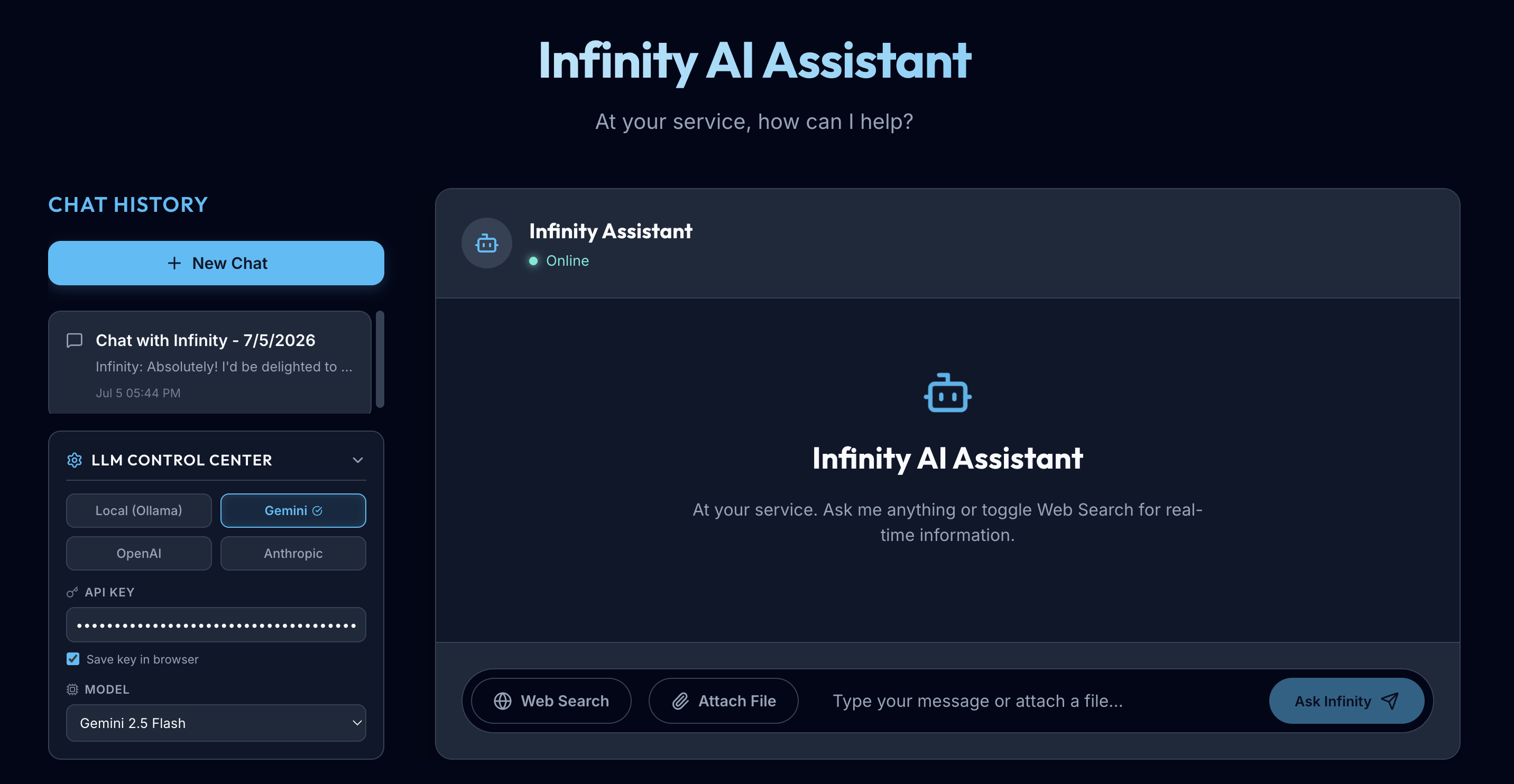 Screenshot of Infinity Chat Assistant web app